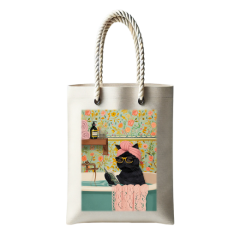 Çantasepette Bez Çanta Banyo Yapan Kedi Temalı Fermuarlı Günlük Kullanım