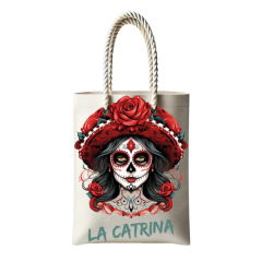 Çantasepette Bez Çanta La Catrina Sanatsal Temalı Fermuarlı Günlük Kullanım