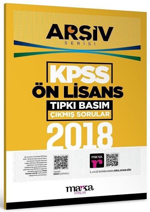 Marka 2018 KPSS Sınavı Ön Lisans Çıkmış Sorular Tıpkı Basım Çözümlü ARŞİV Serisi Marka Yayınları