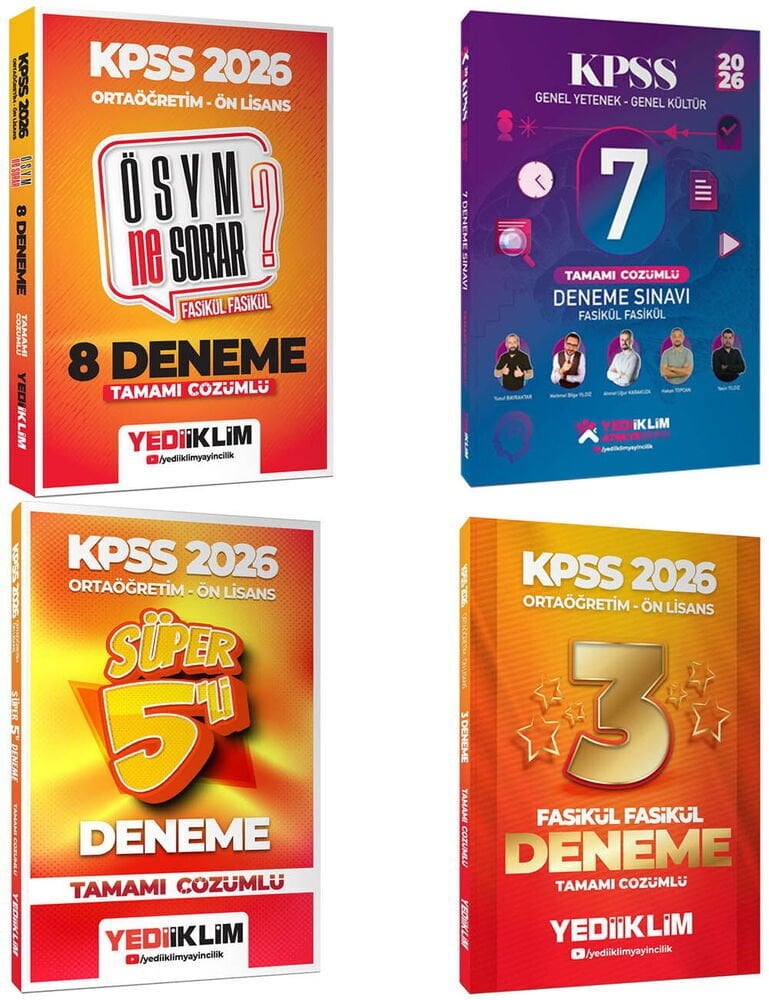 Yediiklim 2026 KPSS Lise Ortaöğretim Ön Lisans 23 Deneme 4 lü Set Yediiklim Yayınları