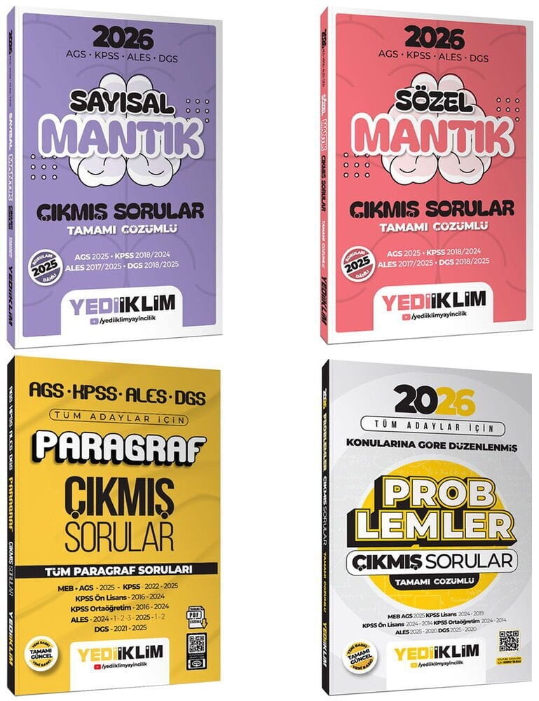 Yediiklim 2026 KPSS MEB-AGS ALES DGS Paragraf + Problemler + Sözel + Sayısal Mantık Çıkmış Sorular 4 lü Set Yediiklim Yayınları