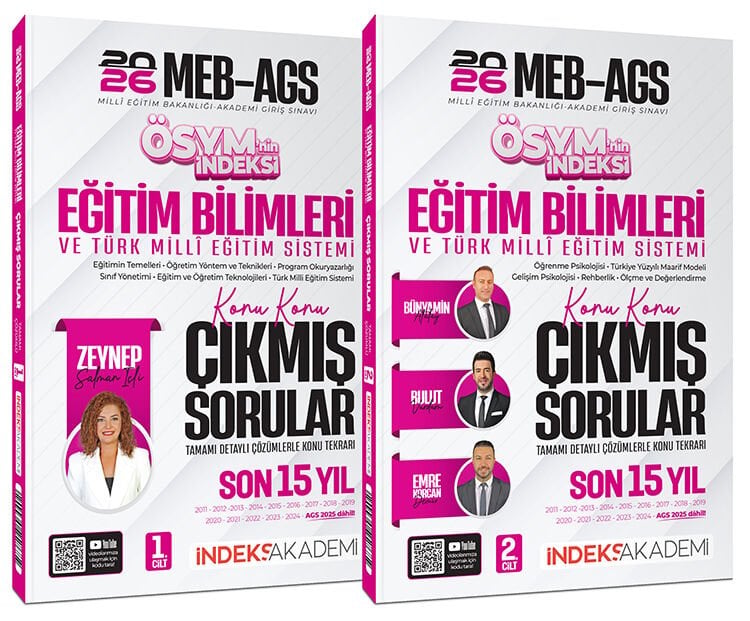 ÖN SİPARİŞ - İndeks Akademi 2026 MEB-AGS Eğitim Bilimleri ve Türk Milli Eğitim Sistemi ÖSYM nin İndeksi Çıkmış Sorular Son 15 Yıl Çözümlü Set - Zeynep Salman İçli İndeks Akademi Yayıncılık