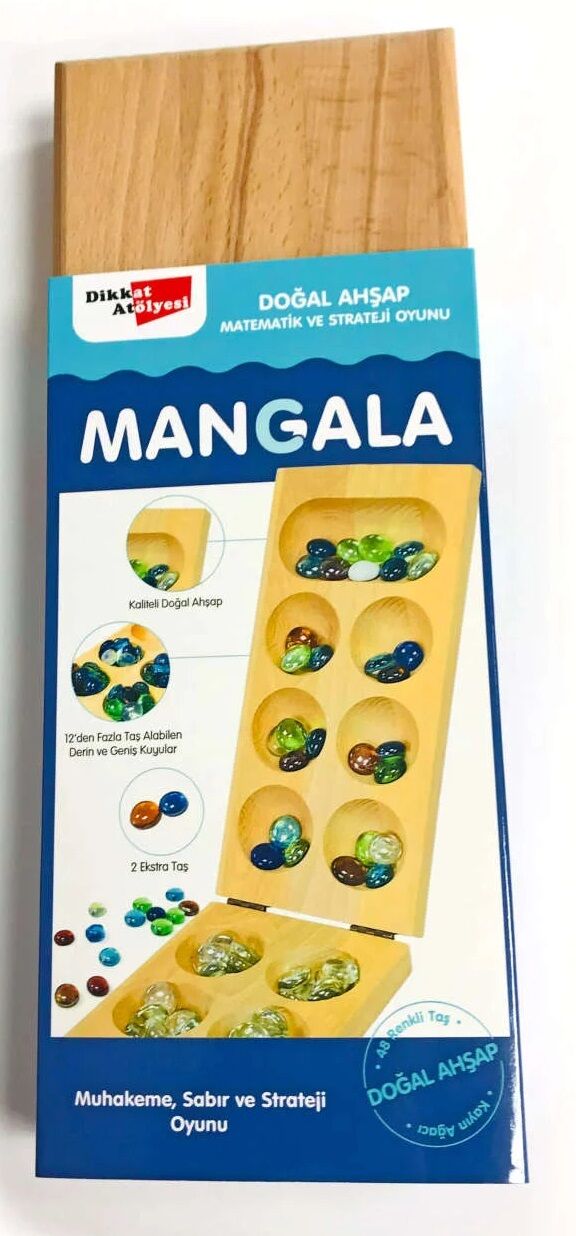 Mangala Oyunu Cam Taşlı Doğal Ahşap Orjinal Dikkat Atölyesi Yayınları