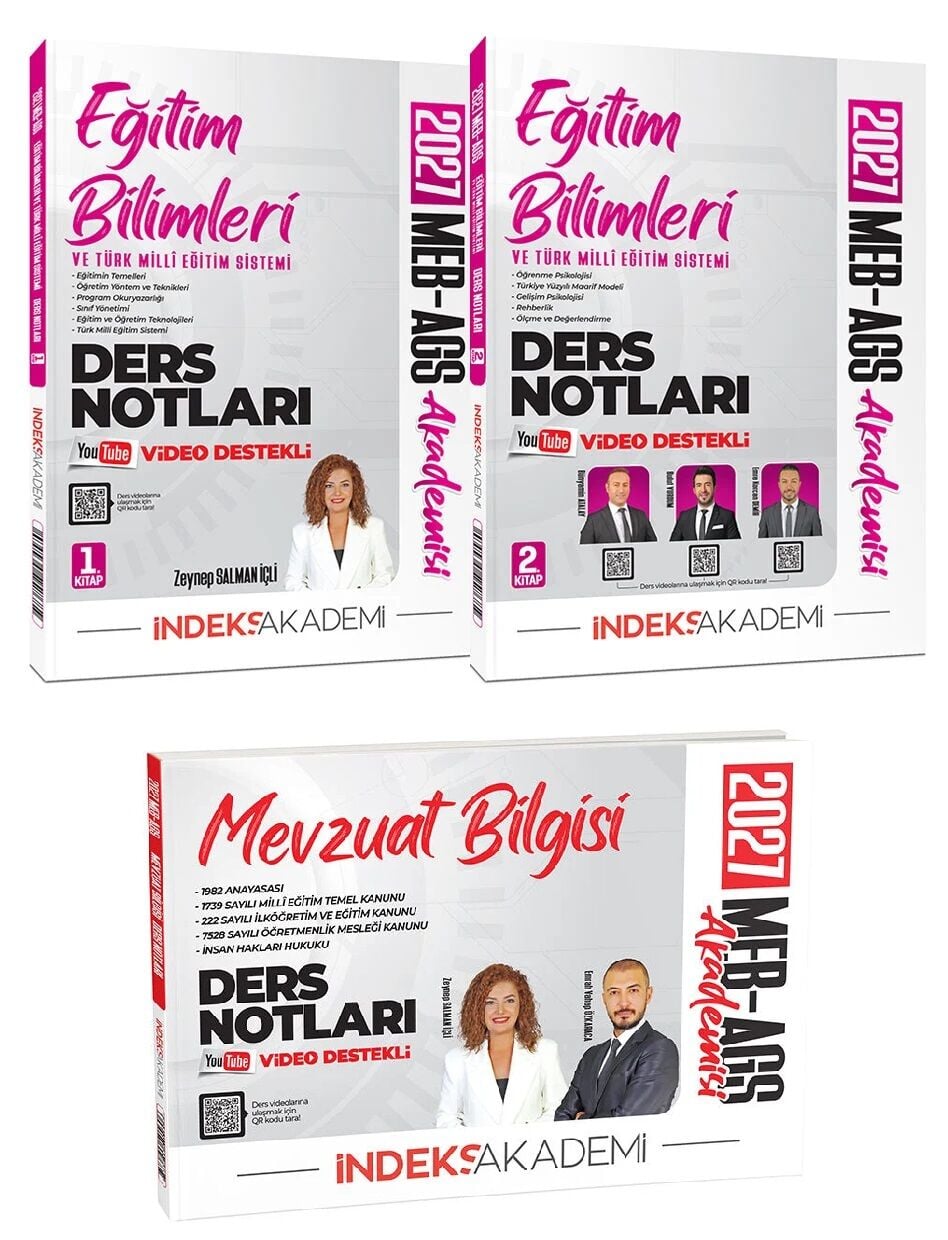 İndeks Akademi 2027 MEB-AGS Eğitim Bilimleri + Mevzuat Bilgisi Video Ders Notları 3 lü Set - Zeynep Salman İçli + Emrah Vahap Özkaraca İndeks Akademi Yayıncılık