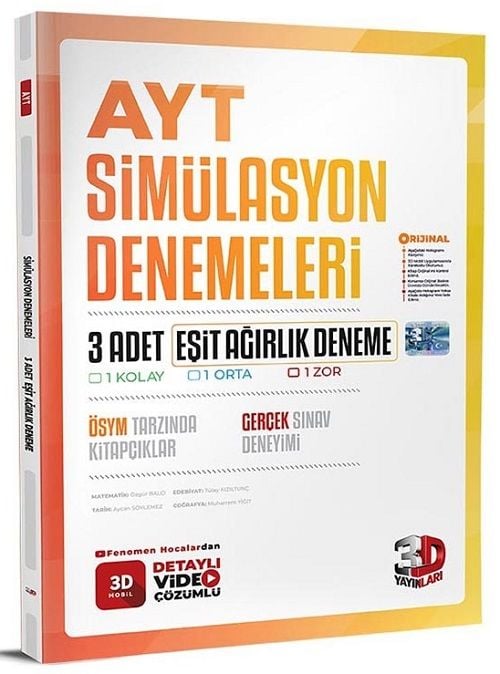 3D Yayınları YKS AYT Eşit Ağırlık Simülasyon 3 Deneme Video Çözümlü 3D Yayınları
