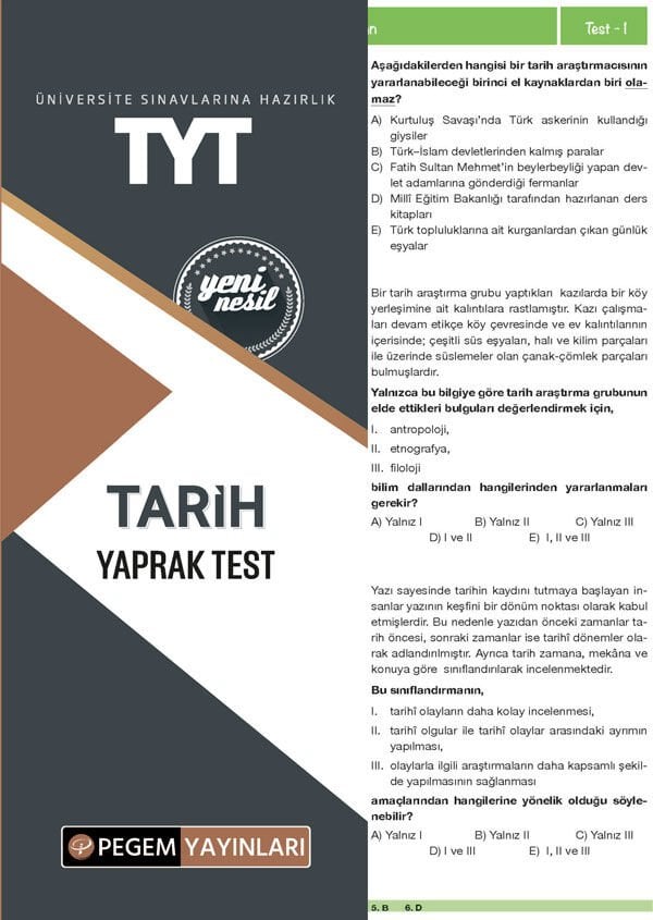 Pegem YKS TYT Tarih Yaprak Test Pegem Akademi Yayınları