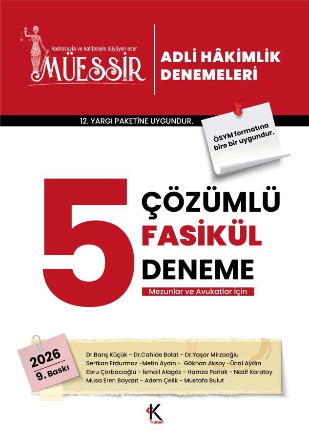 Kuram 2026 MÜESSİR Adli Hakimlik 5 Deneme Fasikül Çözümlü 9. Baskı Kuram Kitap Yayınları