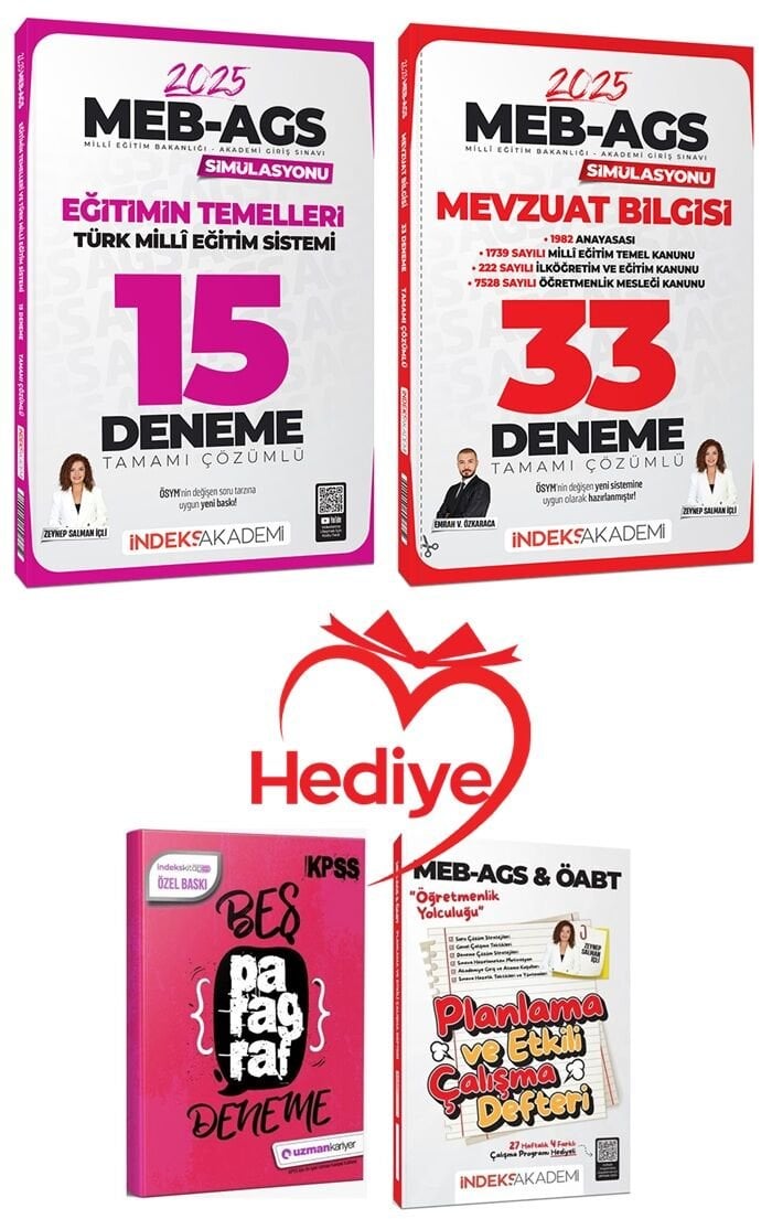 İndeks Akademi 2025 MEB-AGS Simülasyonu Eğitimin Temelleri Türk Milli Eğitim Sistemi + Mevzuat 15+33 Deneme 2 li Set - Zeynep Salman İçli, Emrah Vahap Özkaraca İndeks Akademi Yayıncılık - HEDİYELİ