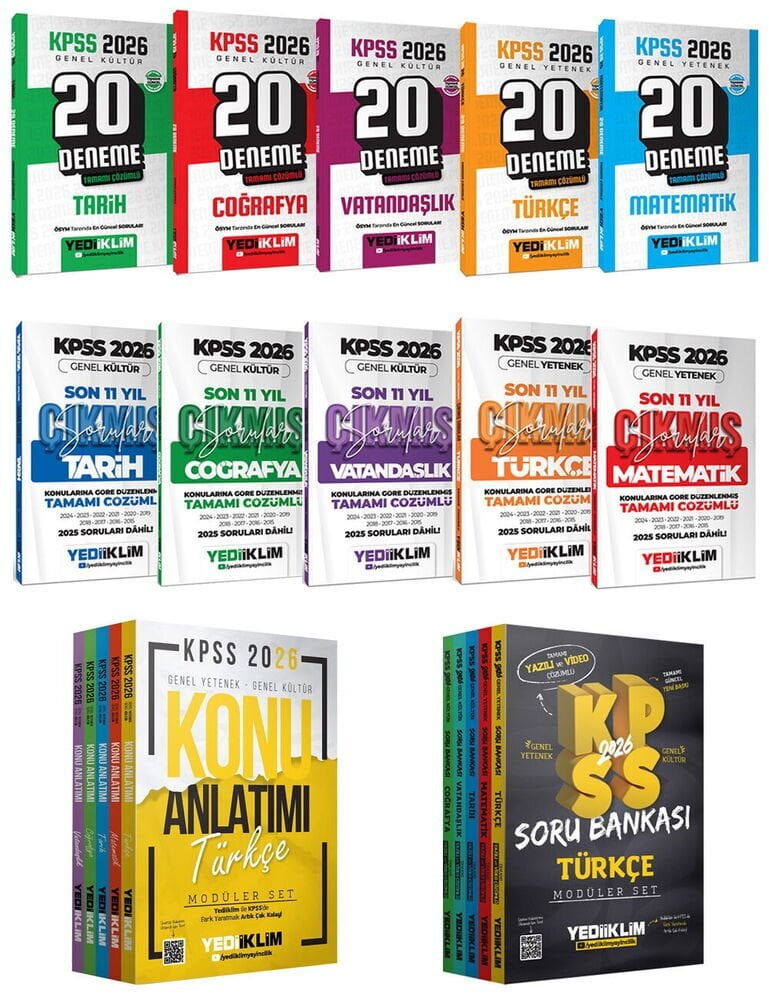 Yediiklim 2026 KPSS Genel Yetenek Genel Kültür Modüler Konu Anlatımı + Soru Bankası + 100 Deneme + Çıkmış Sorular 12 li Set Yediiklim Yayınları