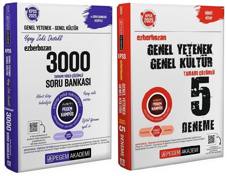 Pegem 2025 KPSS Genel Yetenek Genel Kültür EZBERBOZAN 3000 Soru Bankası + 5 Deneme 2 li Set Pegem Akademi Yayınları