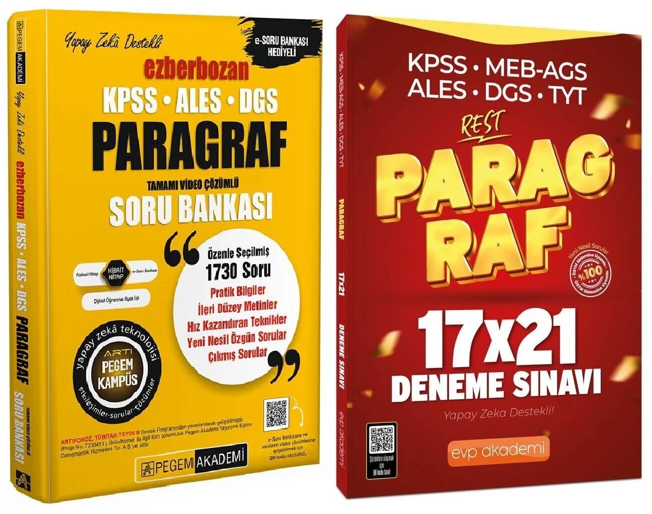 Pegem + EVP KPSS ALES DGS Paragraf Ezberbozan Soru Bankası + 21 Deneme 2 li Set Pegem + EVP Akademi Yayınları