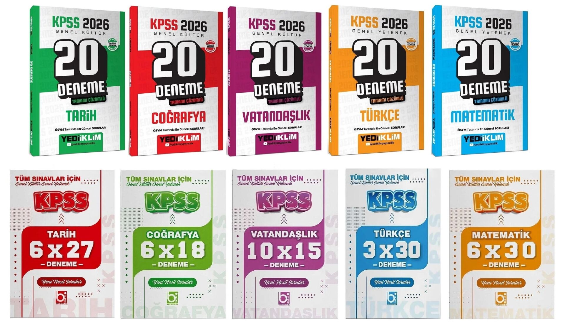 Yediiklim + Bigelio 2026 KPSS Genel Yetenek Genel Kültür 100+31 Deneme 5 li Set Yediiklim + Bigelio Yayınları