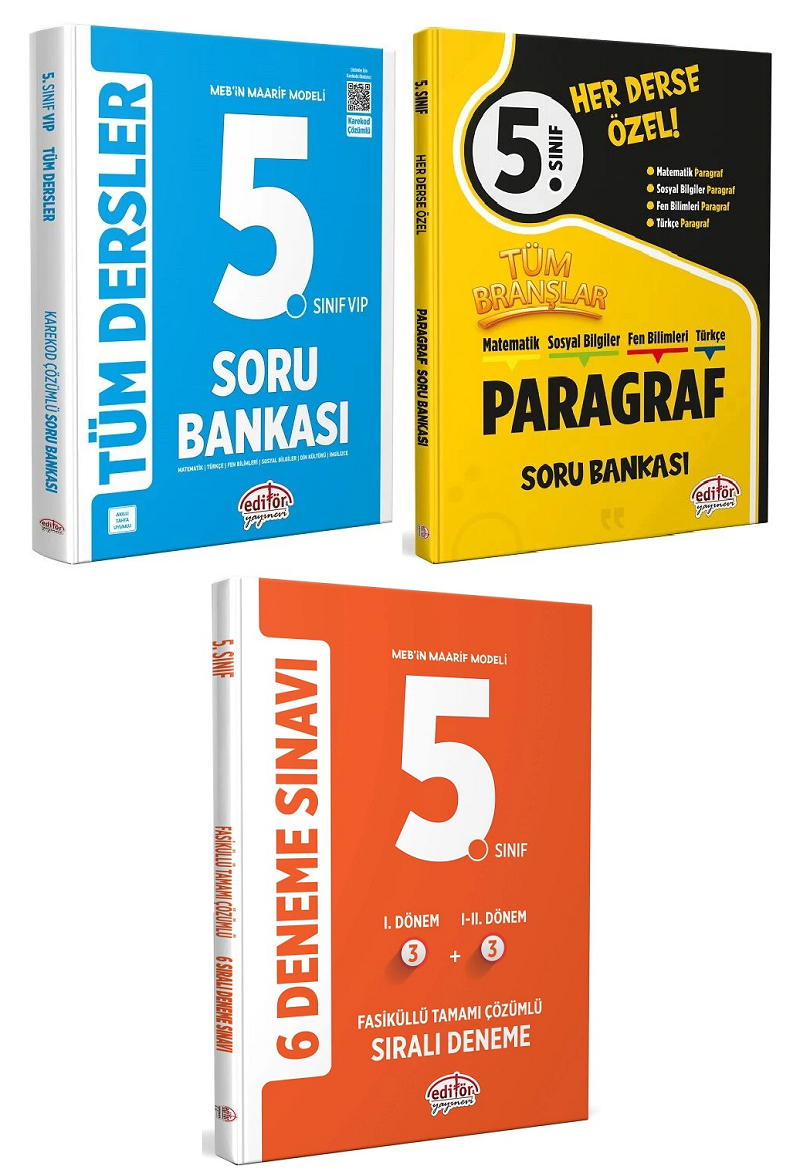 Editör 5. Sınıf VIP Tüm Dersler + Paragraf Soru Bankası + 6 Deneme 3 lü Set Editör Yayınları