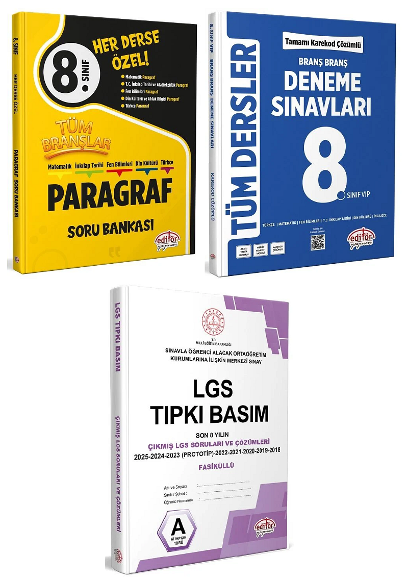 Editör 8. Sınıf Tüm Branşlar Paragraf Soru Bankası + 8 Deneme + Tıpkı Basım 3 lü Set Editör Yayınları