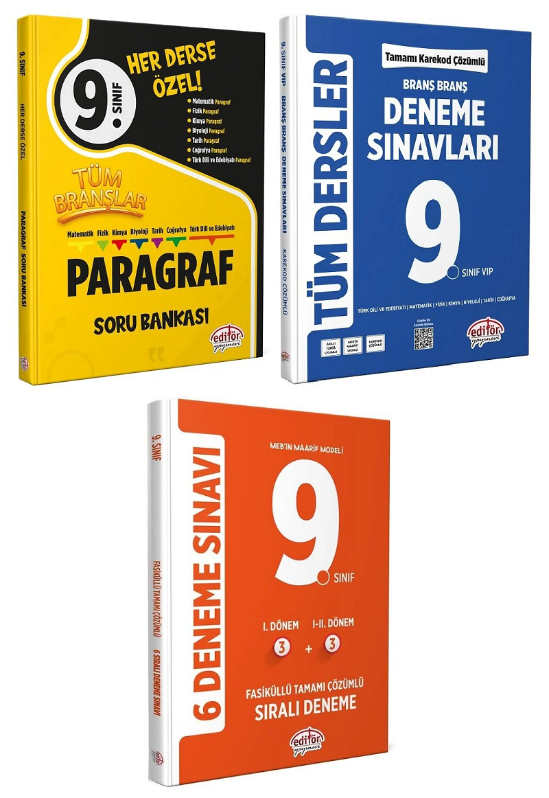 Editör 9. Sınıf Tüm Branşlar Paragraf Soru Bankası + Genel 15 Deneme 3 lü Set Editör Yayınları