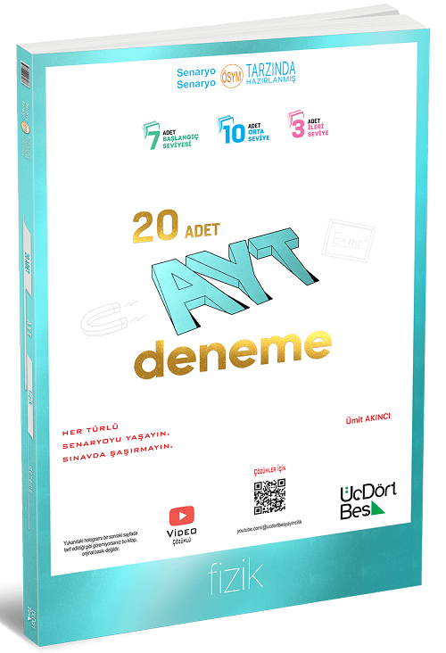 Üç Dört Beş 2025 YKS AYT Fizik 20 Deneme Video Çözümlü Üç Dört Beş Yayınları