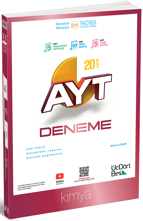 Üç Dört Beş 2026 YKS AYT Kimya 20 Deneme Video Çözümlü Üç Dört Beş Yayınları