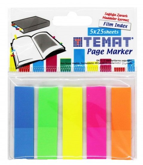 Temat Renkli Yapışkanlı Ayraç Not Kağıdı 5x25 Poşetli
