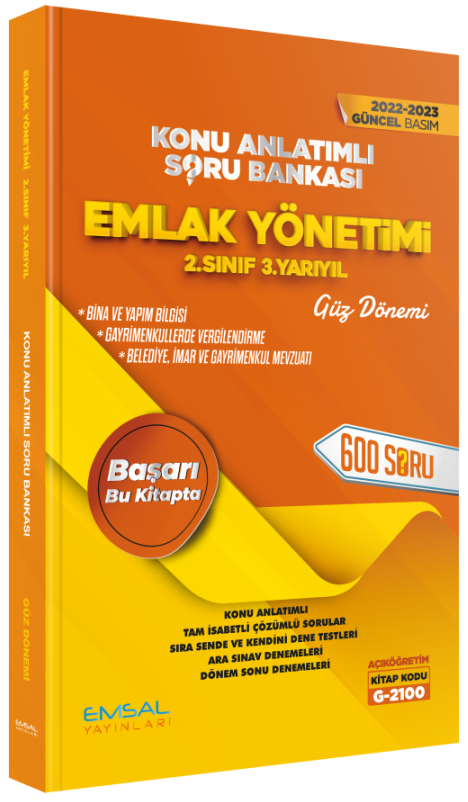 Emsal 2022-23 Açıköğretim G-2100 2. Snıf 1. Yarıyıl Güz EMLAK YÖNETİMİ Konu Anlatımlı Soru Bankası Emsal Yayınları