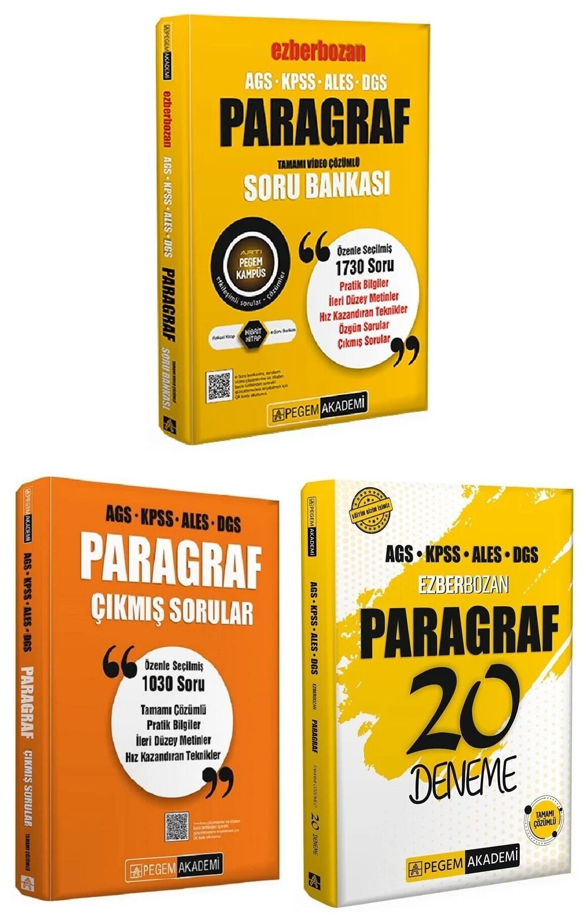 Pegem KPSS MEB-AGS ALES DGS Paragraf Ezberbozan Soru Bankası + Çıkmış Sorular + 20 Deneme 3 lü Set Pegem Akademi Yayınları