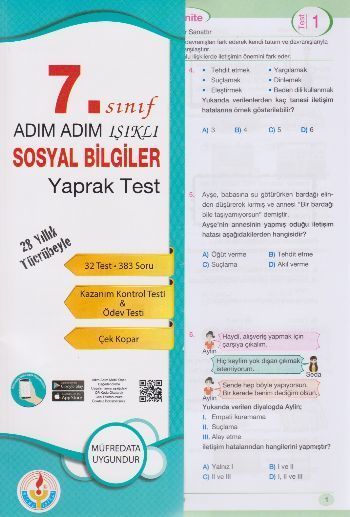 SÜPER FİYAT - Bilal Işıklı 7. Sınıf Sosyal Bilgiler Yaprak Test Adım Adım Işıklı Bilal Işıklı Yayınları