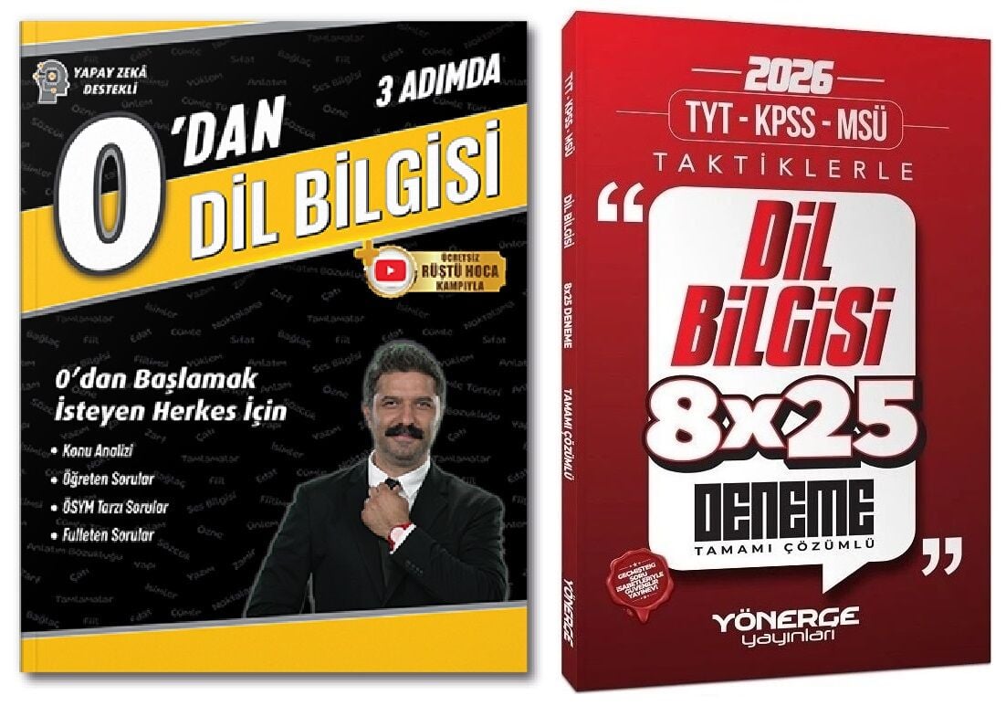Rüştü Hoca + Yönerge YKS TYT KPSS 0 dan 3 Adımda Dil Bilgisi + Taktiklerle 8x25 Deneme 2 li Set Rüştü Hoca + Yönerge Yayınları