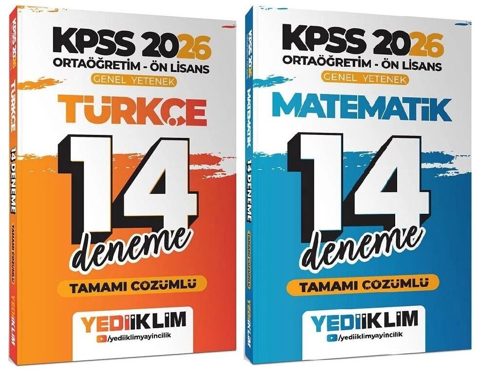 Yediiklim 2026 KPSS Lise Ortaöğretim Ön Lisans Türkçe + Matematik 14+14 Deneme 2 li Set Yediiklim Yayınları