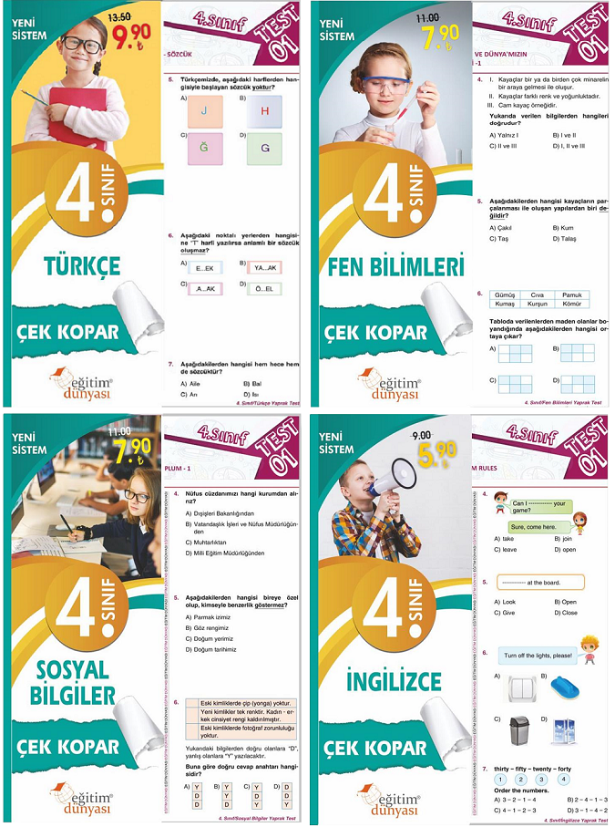 SÜPER FİYAT - Eğitim Dünyası 4. Sınıf Türm Dersler Yaprak Test Çek Kopar 4 lü Set Eğitim Dünyası Yayınları