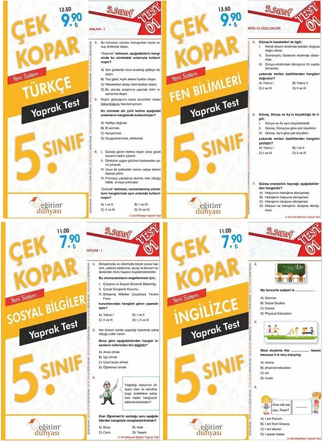 SÜPER FİYAT - Eğitim Dünyası 5. Sınıf Türm Dersler Yaprak Test Çek Kopar 4 lü Set Eğitim Dünyası Yayınları