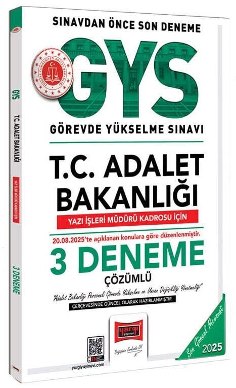Yargı 2025 GYS Adalet Bakanlığı Yazı İşleri Müdürü 3 Deneme Çözümlü Görevde Yükselme Yargı Yayınları