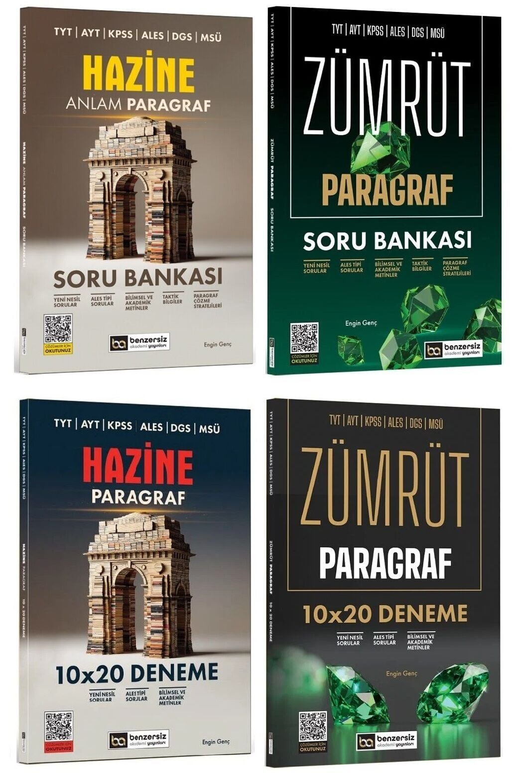 SÜPER FİYAT - Benzersiz Akademi KPSS TYT AYT ALES DGS MSÜ Paragraf HAZİNE ZÜMRÜT Soru Bankası 4 lü Set - Engin Genç Benzersiz Akademi Yayınları
