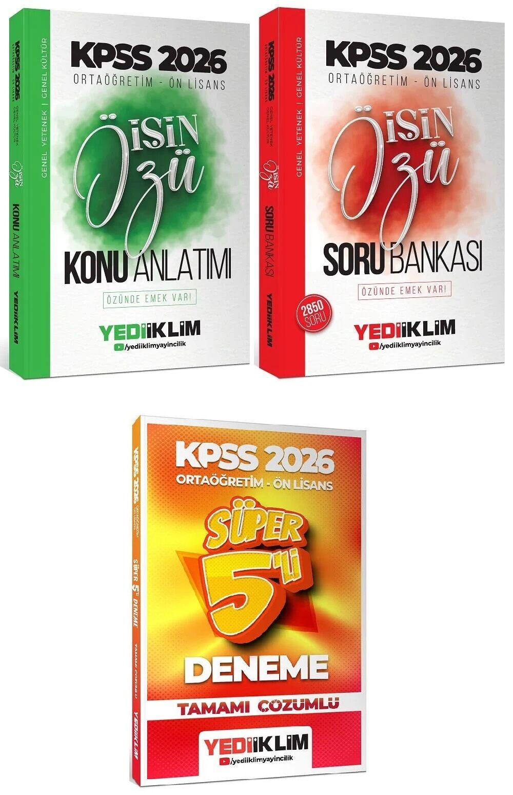 Yediiklim 2026 KPSS Lise Ortaöğretim Ön Lisans İşin Özü Konu + Soru Bankası + 5 Deneme 3 lü Set Yediiklim Yayınları