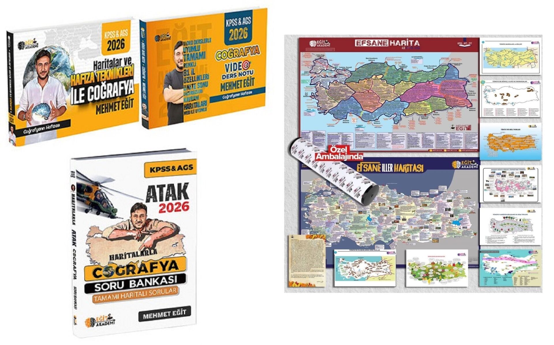 Eğit Akademi 2026 KPSS MEB-AGS Haritalar ve Hafıza Teknikleri Coğrafya + Efsane 10 lu Harita + Ders Notu + Soru Bankası 4 lü Set - Mehmet Eğit Eğit Akademi