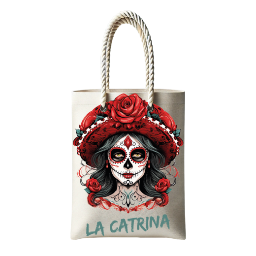 Çantasepette Bez Çanta La Catrina Sanatsal Temalı Fermuarlı Günlük Kullanım