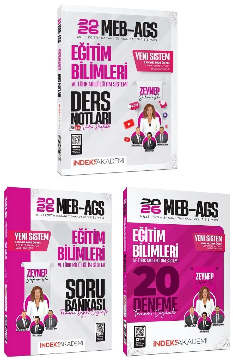 YENİ AGS - İndeks Akademi 2026 MEB-AGS Eğitim Bilimleri ve Türk Milli Eğitim Sistemi Video Ders Notları + Soru Bankası + 20 Deneme 3 lü Set - Zeynep Salman İçli İndeks Akademi Yayıncılık