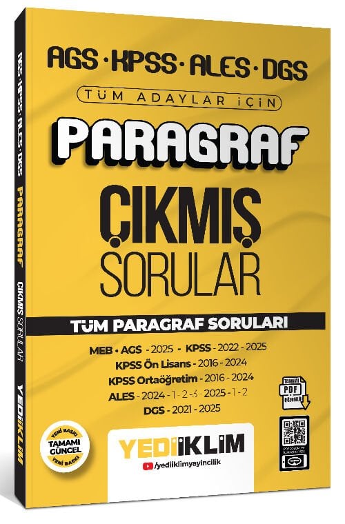 SÜPER FİYAT - Yediiklim 2026 KPSS MEB-AGS ALES DGS Paragraf Çıkmış Sorular Çözümlü Yediiklim Yayınları