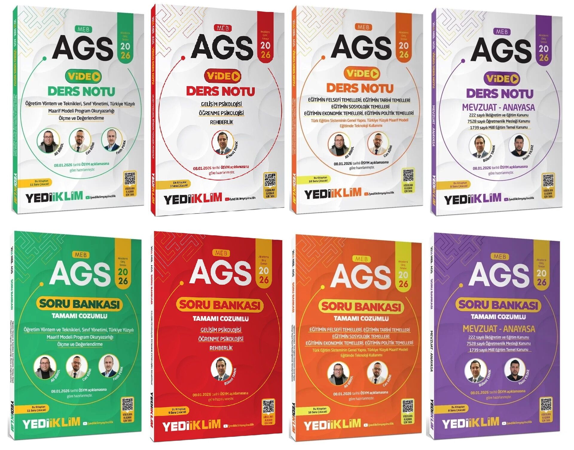 YENİ AGS - Yediiklim 2026 MEB-AGS Eğitim Bilimleri + Mevzuat Video Ders Notu + Soru Bankası 8 li Set Yediiklim Yayınları